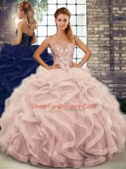 Sweetheart Sleeveless Tulle Quinceanera Dresses Beading and Ruffles Lace Up