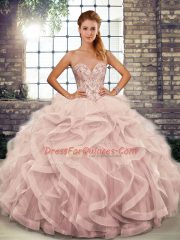 Sweetheart Sleeveless Tulle Quinceanera Dresses Beading and Ruffles Lace Up