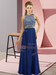Great Sleeveless Floor Length Beading Side Zipper Prom Dresses with Blue
