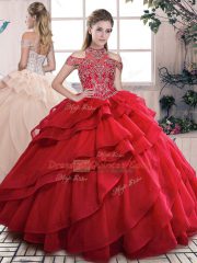 Floor Length Lace Up Sweet 16 Dresses Red for Sweet 16 and Quinceanera with Beading and Ruffled Layers