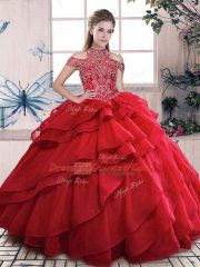 Floor Length Lace Up Sweet 16 Dresses Red for Sweet 16 and Quinceanera with Beading and Ruffled Layers