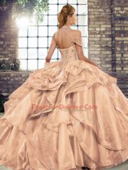 Cheap Rose Pink Halter Top Lace Up Beading and Ruffles Quinceanera Gown Sleeveless