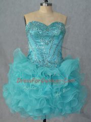Mini Length Aqua Blue Prom Gown Sweetheart Sleeveless Lace Up