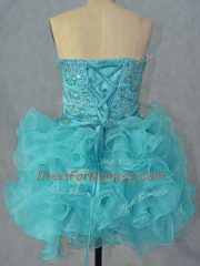 Mini Length Aqua Blue Prom Gown Sweetheart Sleeveless Lace Up