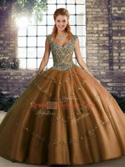Ball Gowns Quinceanera Dresses Brown Straps Tulle Sleeveless Floor Length Lace Up