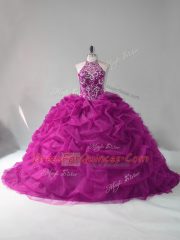 Fuchsia Ball Gowns Halter Top Sleeveless Organza Lace Up Beading and Pick Ups 15th Birthday Dress