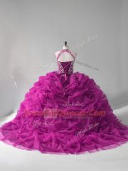 Fuchsia Ball Gowns Halter Top Sleeveless Organza Lace Up Beading and Pick Ups 15th Birthday Dress