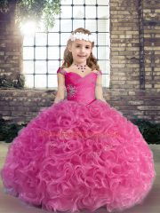 Straps Sleeveless Fabric With Rolling Flowers Pageant Gowns Beading and Ruching Lace Up