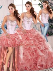 Watermelon Red Sleeveless Organza Clasp Handle Quinceanera Dress for Military Ball and Sweet 16 and Quinceanera