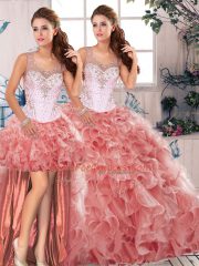 Watermelon Red Sleeveless Organza Clasp Handle Quinceanera Dress for Military Ball and Sweet 16 and Quinceanera