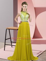 Halter Top Sleeveless Chiffon Evening Dress Beading Brush Train Backless