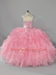 Organza Scoop Sleeveless Lace Up Beading and Ruffles 15th Birthday Dress in Pink