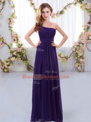 Glittering Purple Sleeveless Ruching Floor Length Vestidos de Damas