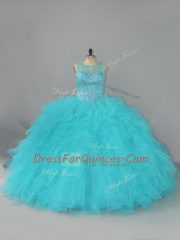 On Sale Sleeveless Floor Length Beading and Ruffles Lace Up Quinceanera Gowns with Aqua Blue