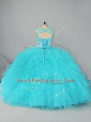 On Sale Sleeveless Floor Length Beading and Ruffles Lace Up Quinceanera Gowns with Aqua Blue