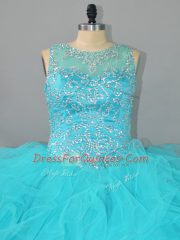On Sale Sleeveless Floor Length Beading and Ruffles Lace Up Quinceanera Gowns with Aqua Blue