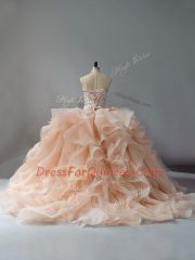 Top Selling Ball Gowns Sleeveless Champagne and Pink And White Sweet 16 Dress Brush Train Lace Up