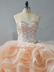 Top Selling Ball Gowns Sleeveless Champagne and Pink And White Sweet 16 Dress Brush Train Lace Up
