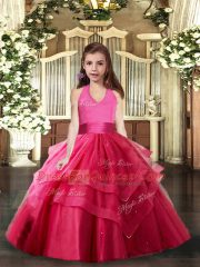 Hot Pink Tulle Lace Up Kids Formal Wear Sleeveless Floor Length Ruffled Layers
