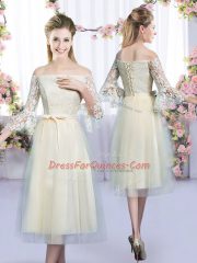 Sweet Tulle Scoop Sleeveless Lace Up Lace and Belt Dama Dress in Champagne