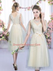 Sweet Tulle Scoop Sleeveless Lace Up Lace and Belt Dama Dress in Champagne
