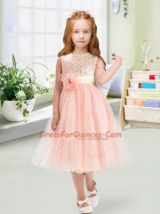 Baby Pink Scoop Zipper Sequins and Hand Made Flower Flower Girl Dress Sleeveless