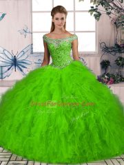 Ball Gowns Off The Shoulder Sleeveless Tulle Brush Train Lace Up Beading and Ruffles Sweet 16 Dress