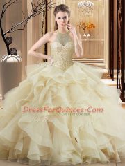 Brush Train Ball Gowns Quinceanera Dress Champagne Halter Top Organza Sleeveless