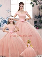 Charming Off The Shoulder Short Sleeves Lace Up Quinceanera Gown Pink Tulle