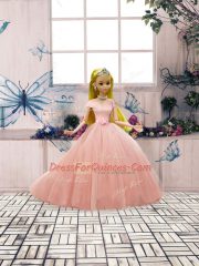 Charming Off The Shoulder Short Sleeves Lace Up Quinceanera Gown Pink Tulle
