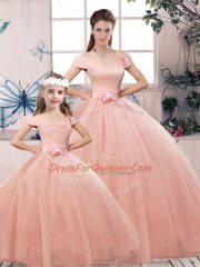 Charming Off The Shoulder Short Sleeves Lace Up Quinceanera Gown Pink Tulle