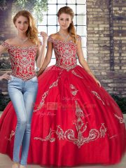Delicate Red 15 Quinceanera Dress Military Ball and Sweet 16 and Quinceanera with Beading and Embroidery Off The Shoulder Sleeveless Lace Up