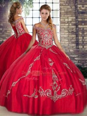 Delicate Red 15 Quinceanera Dress Military Ball and Sweet 16 and Quinceanera with Beading and Embroidery Off The Shoulder Sleeveless Lace Up