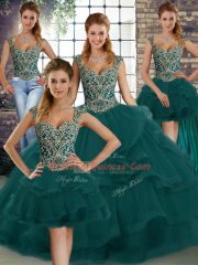 Glamorous Straps Sleeveless Quince Ball Gowns Floor Length Beading and Ruffles Peacock Green Tulle