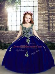 Exquisite Royal Blue Ball Gowns Straps Sleeveless Tulle Floor Length Lace Up Appliques Pageant Dress Toddler