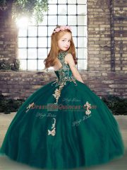 Exquisite Royal Blue Ball Gowns Straps Sleeveless Tulle Floor Length Lace Up Appliques Pageant Dress Toddler