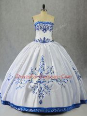 Free and Easy Blue And White Quinceanera Gowns Sweet 16 and Quinceanera with Embroidery Strapless Sleeveless Lace Up