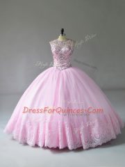 Customized Baby Pink Sleeveless Floor Length Beading and Appliques Lace Up 15 Quinceanera Dress