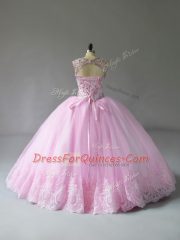 Customized Baby Pink Sleeveless Floor Length Beading and Appliques Lace Up 15 Quinceanera Dress