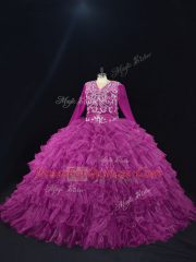 High Class Purple Ball Gowns Beading and Ruffled Layers Sweet 16 Quinceanera Dress Lace Up Organza Long Sleeves Floor Length