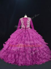 High Class Purple Ball Gowns Beading and Ruffled Layers Sweet 16 Quinceanera Dress Lace Up Organza Long Sleeves Floor Length