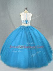 Nice Blue Zipper Scoop Beading Sweet 16 Dress Tulle Sleeveless