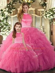 Hot Pink Ball Gowns Beading and Ruffles 15 Quinceanera Dress Backless Tulle Sleeveless Floor Length