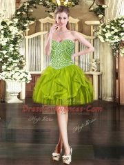 Great Olive Green Sleeveless Beading and Ruffles Mini Length Evening Dress