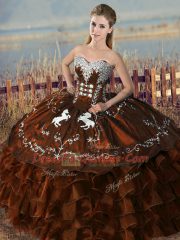 Custom Made Sleeveless Satin and Organza Floor Length Lace Up Vestidos de Quinceanera in Brown with Embroidery and Ruffles