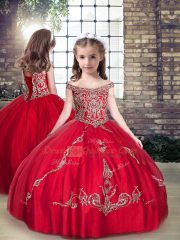 Sleeveless Tulle Floor Length Lace Up Little Girl Pageant Dress in Red with Beading