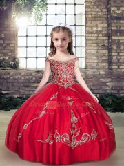 Sleeveless Tulle Floor Length Lace Up Little Girl Pageant Dress in Red with Beading