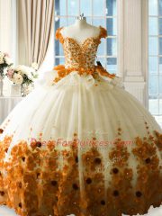 Glorious Brown Ball Gowns Tulle Scoop Hand Made Flower Zipper 15 Quinceanera Dress Brush Train