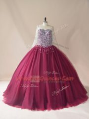 Burgundy Ball Gowns Beading Ball Gown Prom Dress Lace Up Tulle Long Sleeves