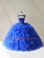 Royal Blue Scoop Lace Up Beading and Ruffles Quinceanera Gown Sleeveless